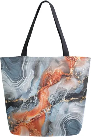Vivid Pattern Extra Large Shoulder Grocery Tote Bag, Art Liquid White Marble Texture Canvas Daily Handle Bag for Gym Weekender Beach Travel Kitchen Reusable Market Shopping
