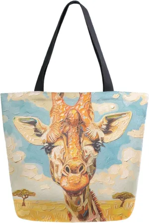 Vivid Pattern Extra Large Shoulder Grocery Tote Bag, Beautiful Wheat Field Giraffe Canvas Daily Handle Bag for Gym Weekender Beach Travel Kitchen Reusable Market Shopping