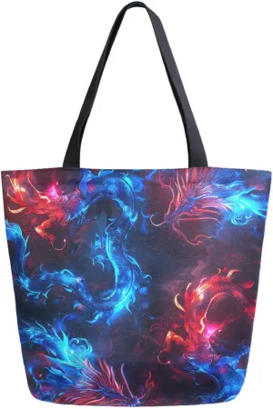 Vivid Pattern Extra Large Shoulder Grocery Tote Bag, Magic Blue Red Glowing Dragons Canvas Daily Handle Bag for Gym Weekender Beach Travel Kitchen Reusable Market Shopping