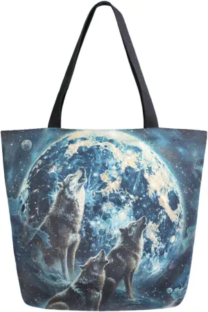 Vivid Pattern Extra Large Shoulder Grocery Tote Bag, Magic Sky Big Moon Howling Wolves Canvas Daily Handle Bag for Gym Weekender Beach Travel Kitchen Reusable Market Shopping