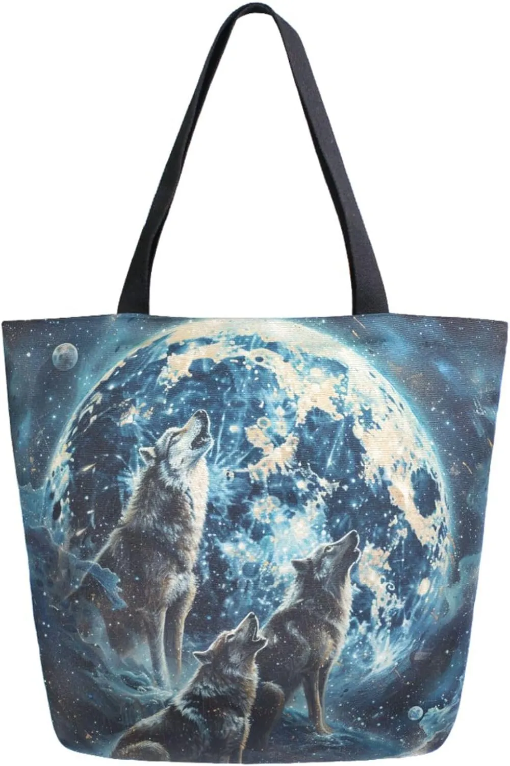Vivid Pattern Extra Large Shoulder Grocery Tote Bag, Magic Sky Big Moon Howling Wolves Canvas Daily Handle Bag for Gym Weekender Beach Travel Kitchen Reusable Market Shopping