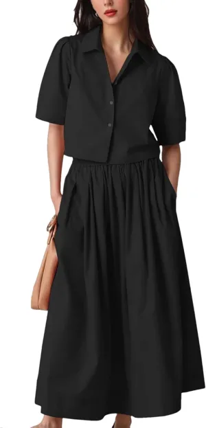Wanzetaly Womens 2 Piece Outfits Summer Skirt Set Button Short Sleeve Tops and Maxi Skirt Dress Sets with Pockets