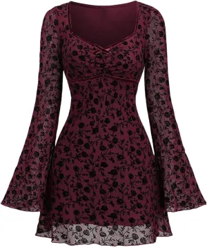 WDIRARA Women's Floral Jacquard Mesh Gothic Dress Bell Long Sleeve A Line Vintage Dresses
