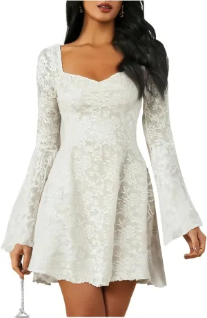 WDIRARA Women's Floral Jacquard Mesh Gothic Dress Bell Long Sleeve A Line Vintage Dresses