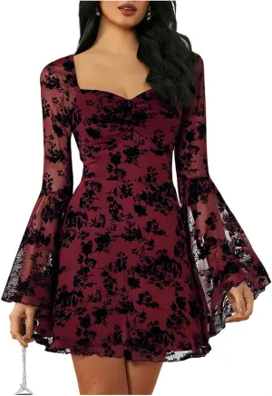 WDIRARA Women's Floral Jacquard Mesh Gothic Dress Bell Long Sleeve A Line Vintage Dresses