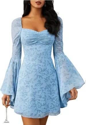 WDIRARA Women's Floral Jacquard Mesh Gothic Dress Bell Long Sleeve A Line Vintage Dresses