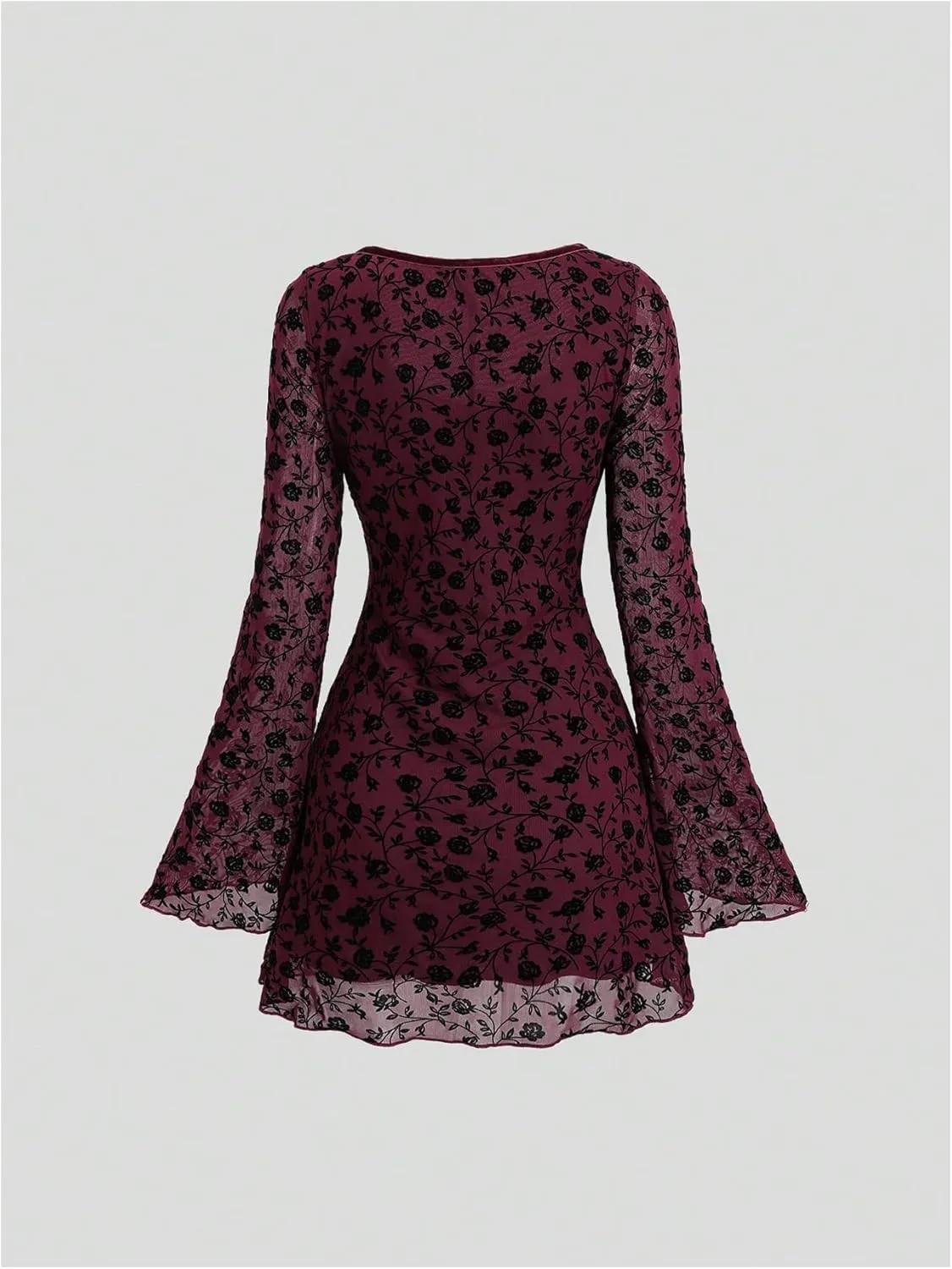 WDIRARA Women's Floral Jacquard Mesh Gothic Dress Bell Long Sleeve A Line Vintage Dresses