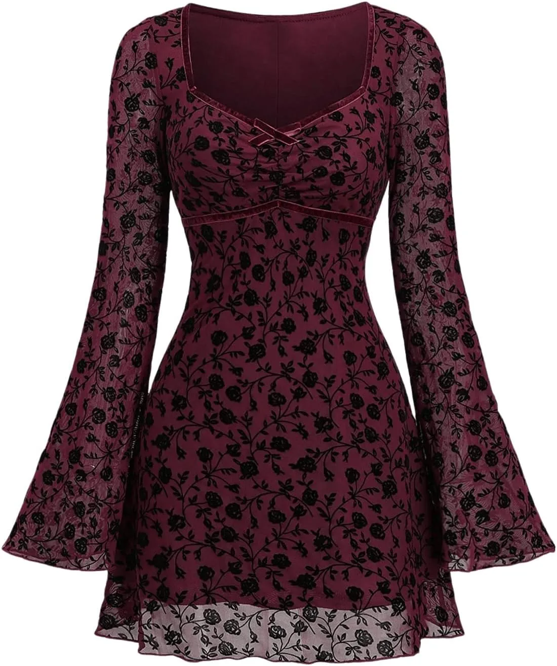 WDIRARA Women's Floral Jacquard Mesh Gothic Dress Bell Long Sleeve A Line Vintage Dresses