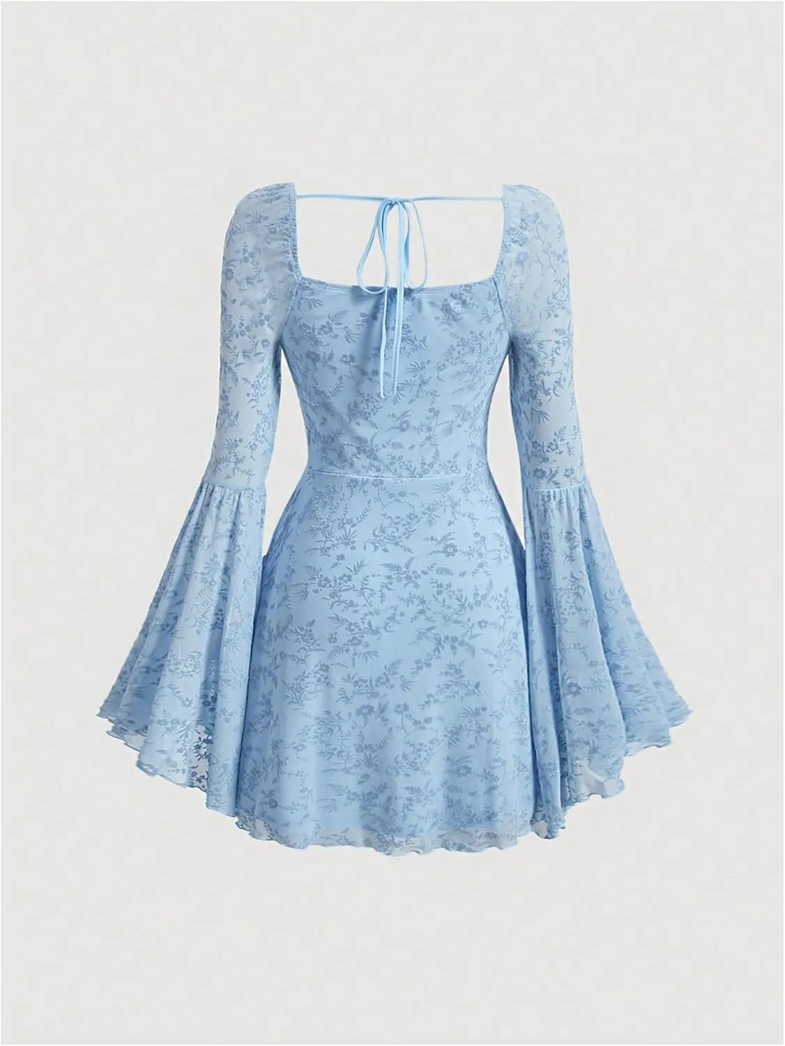 WDIRARA Women's Floral Jacquard Mesh Gothic Dress Bell Long Sleeve A Line Vintage Dresses