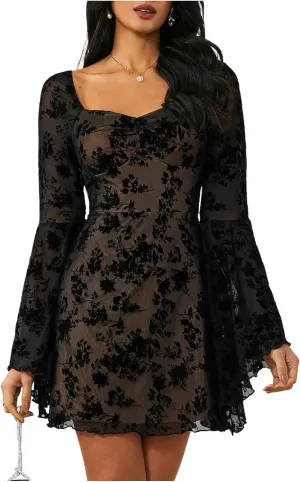 WDIRARA Women's Floral Jacquard Mesh Gothic Dress Bell Long Sleeve A Line Vintage Dresses