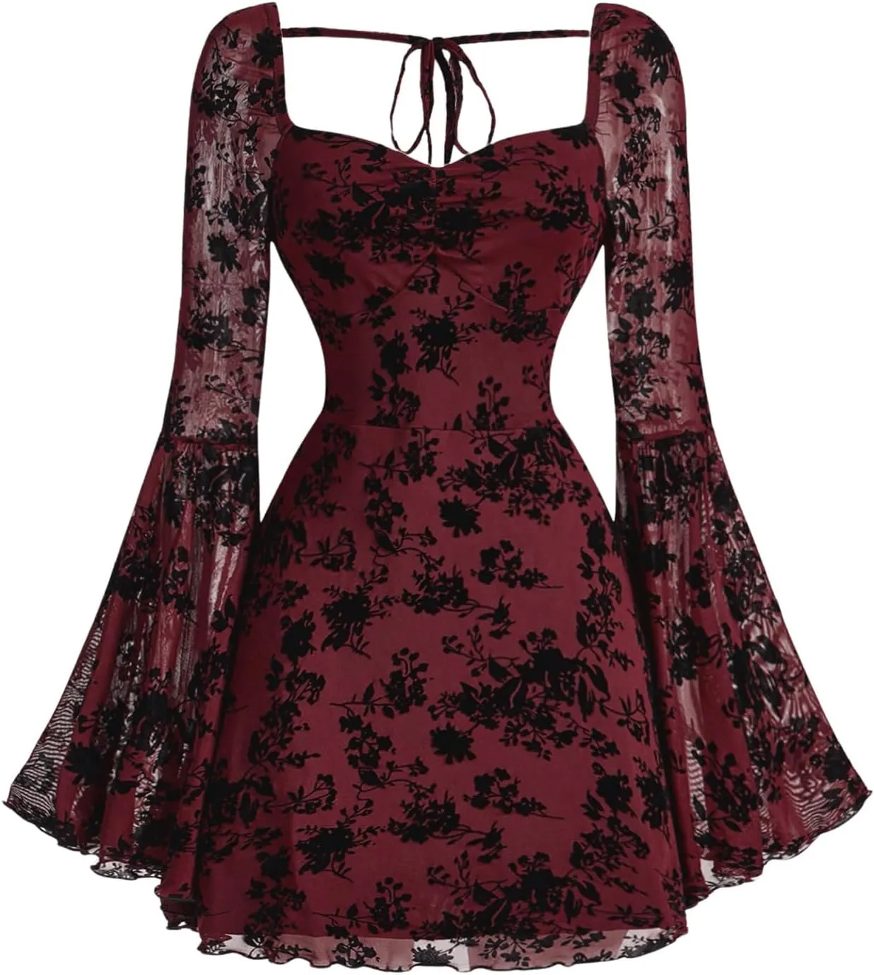 WDIRARA Women's Floral Jacquard Mesh Gothic Dress Bell Long Sleeve A Line Vintage Dresses