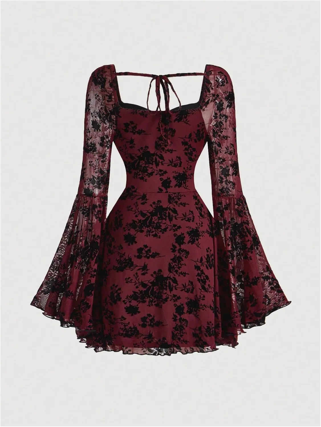 WDIRARA Women's Floral Jacquard Mesh Gothic Dress Bell Long Sleeve A Line Vintage Dresses
