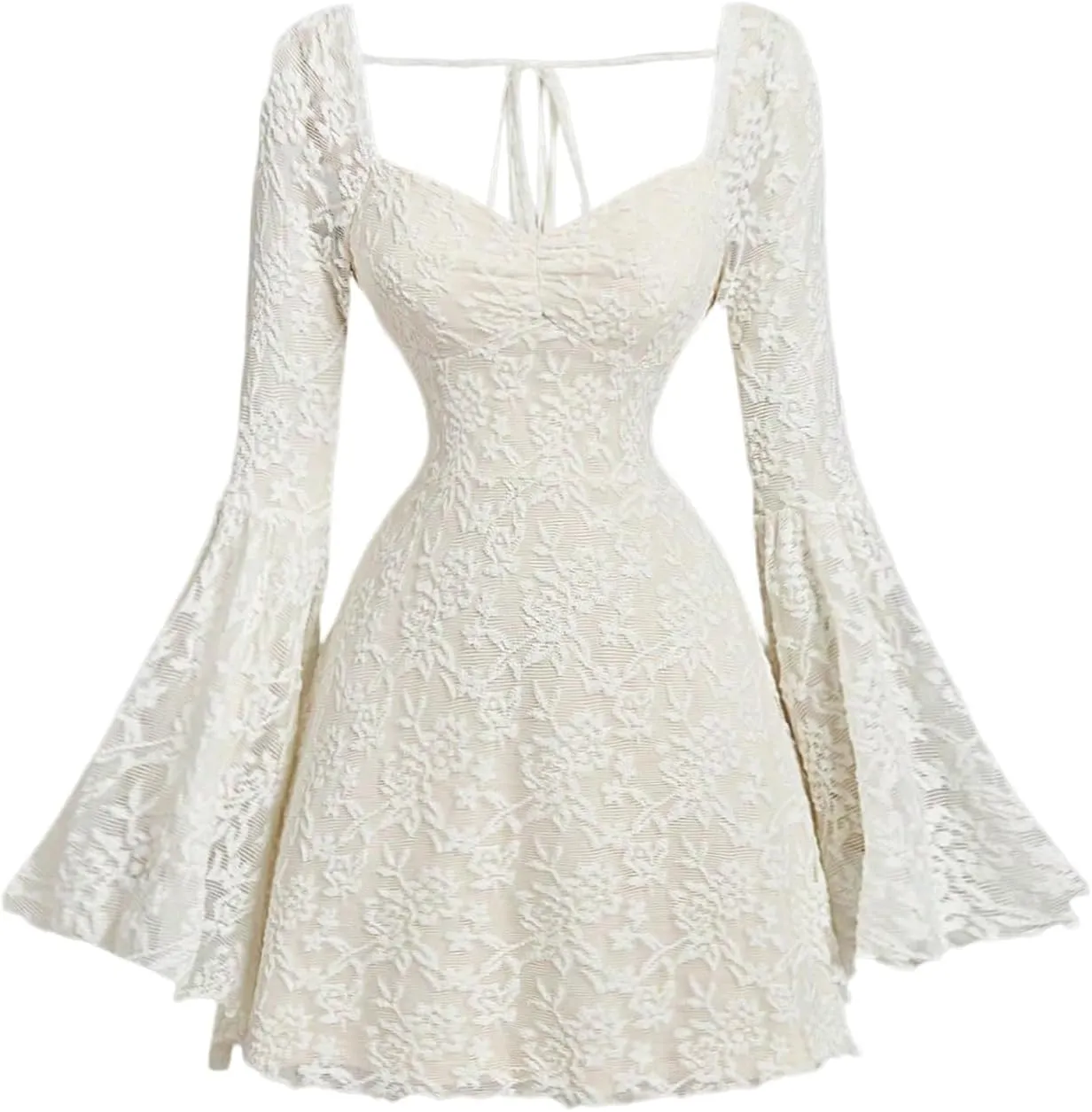 WDIRARA Women's Floral Jacquard Mesh Gothic Dress Bell Long Sleeve A Line Vintage Dresses
