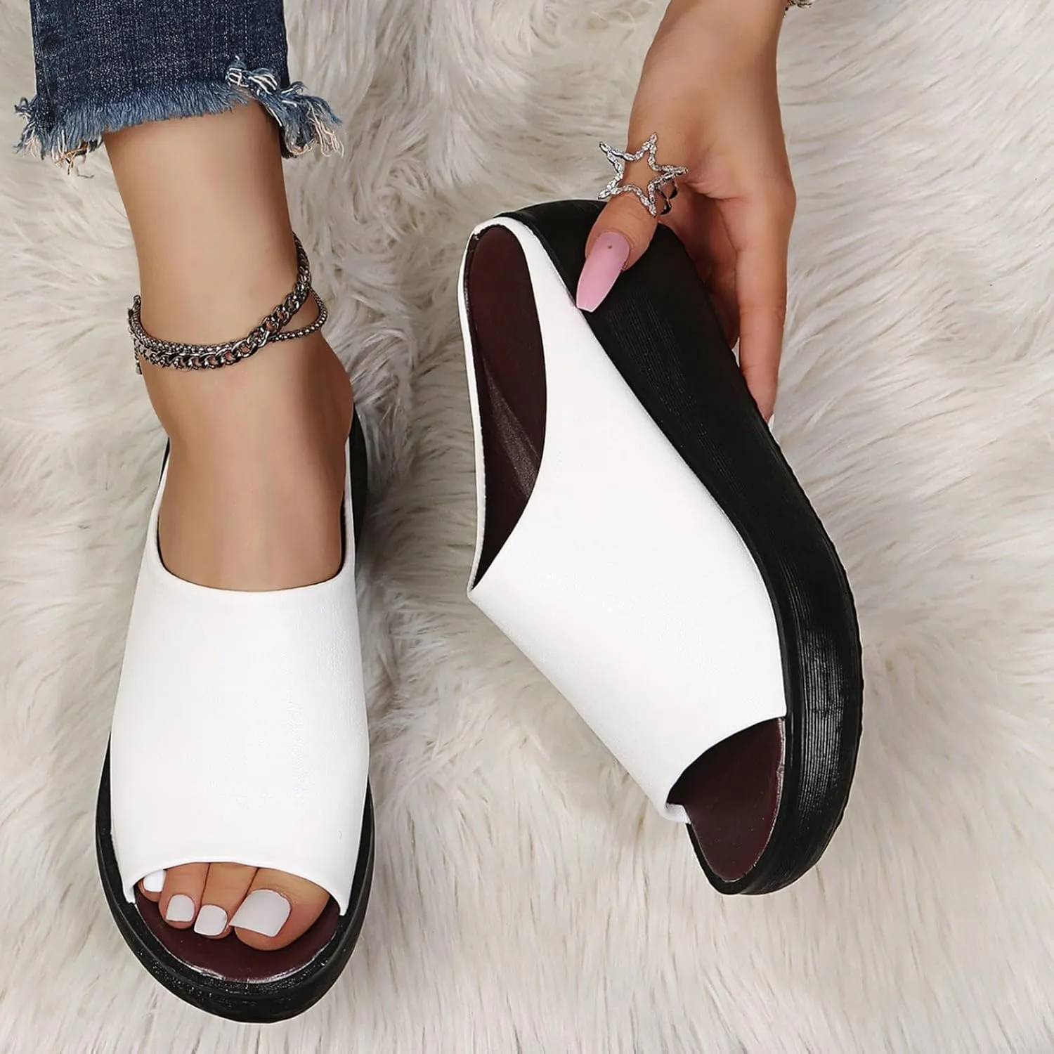 Wedge Sandals for Women Slip-On Platform High Heel Slippers Comfortable Open Toe Mules Diabetic Walking Orthopedic Sandals with Arch Support