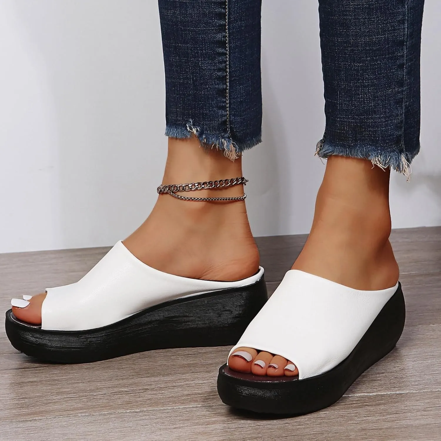 Wedge Sandals for Women Slip-On Platform High Heel Slippers Comfortable Open Toe Mules Diabetic Walking Orthopedic Sandals with Arch Support