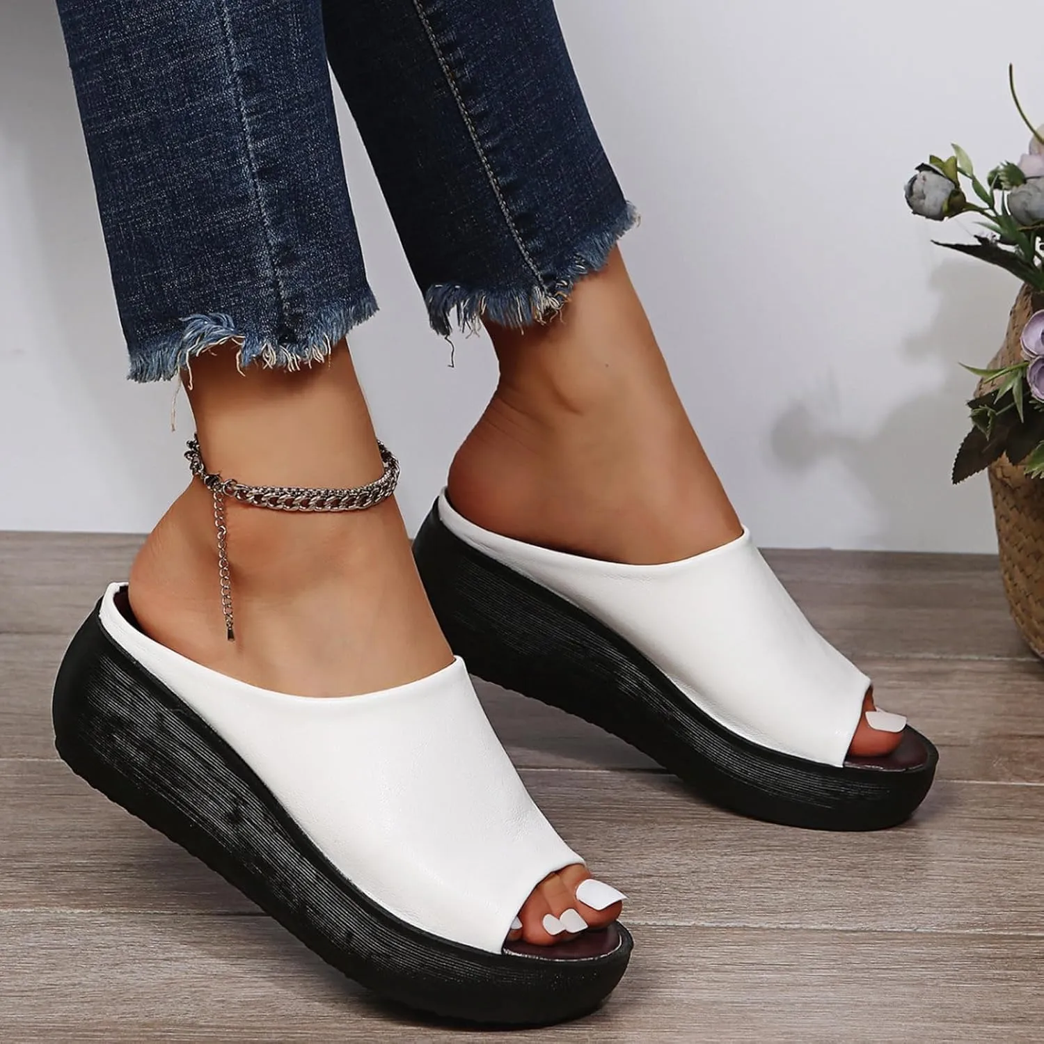 Wedge Sandals for Women Slip-On Platform High Heel Slippers Comfortable Open Toe Mules Diabetic Walking Orthopedic Sandals with Arch Support