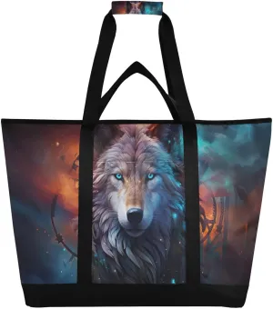 Wolf Orange Black Tote Bag for Women with Zipper Reusable Grocery Bags Foldable Insulated Cooler Bag Shopping Bags Handbags Totes for Groceries Picnic Travel Beach Work