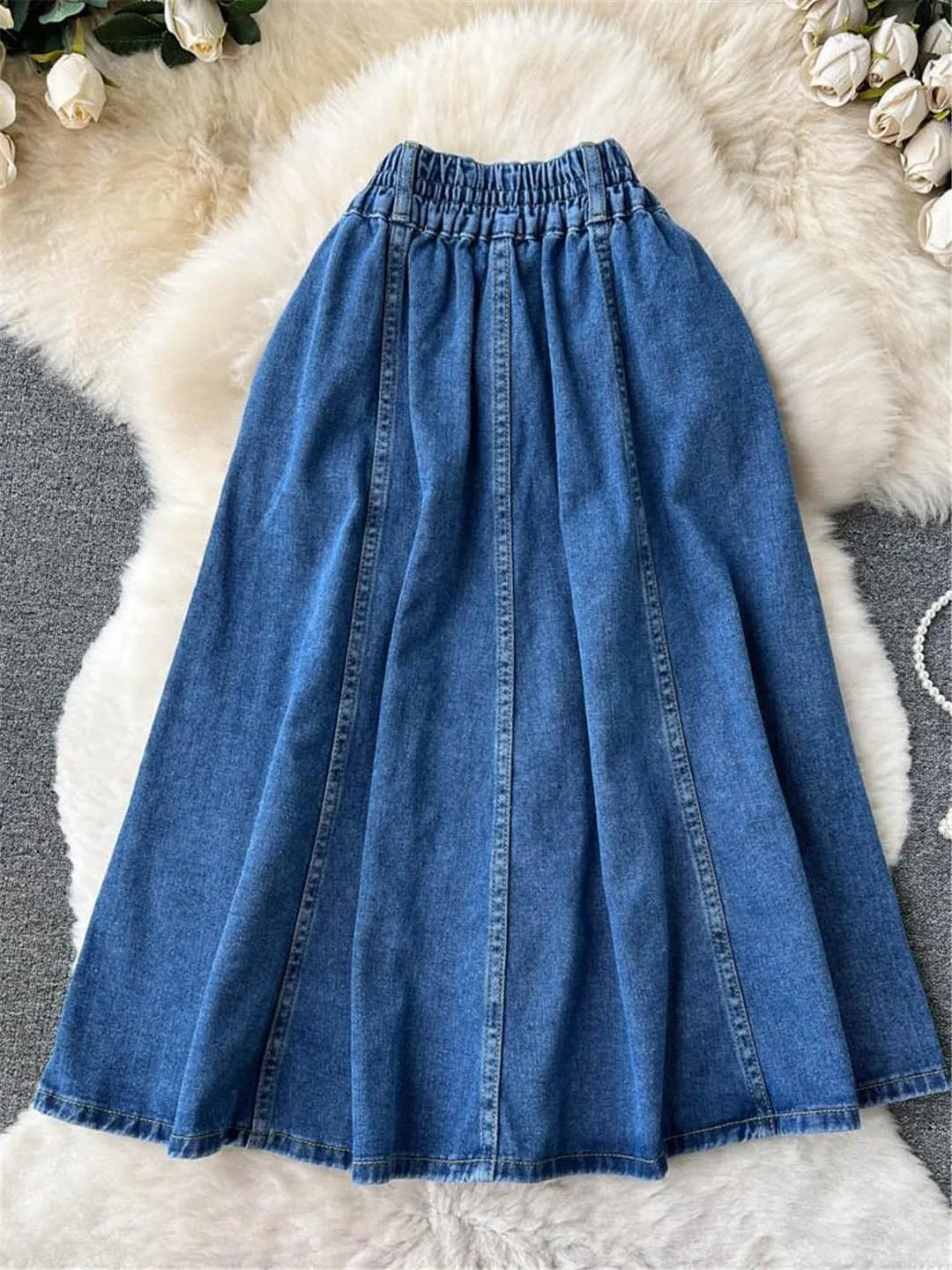 Women High Waist Blue Denim Skirts A Line Casual Elastic Waist Midi Pleated Button Jeans Skirt