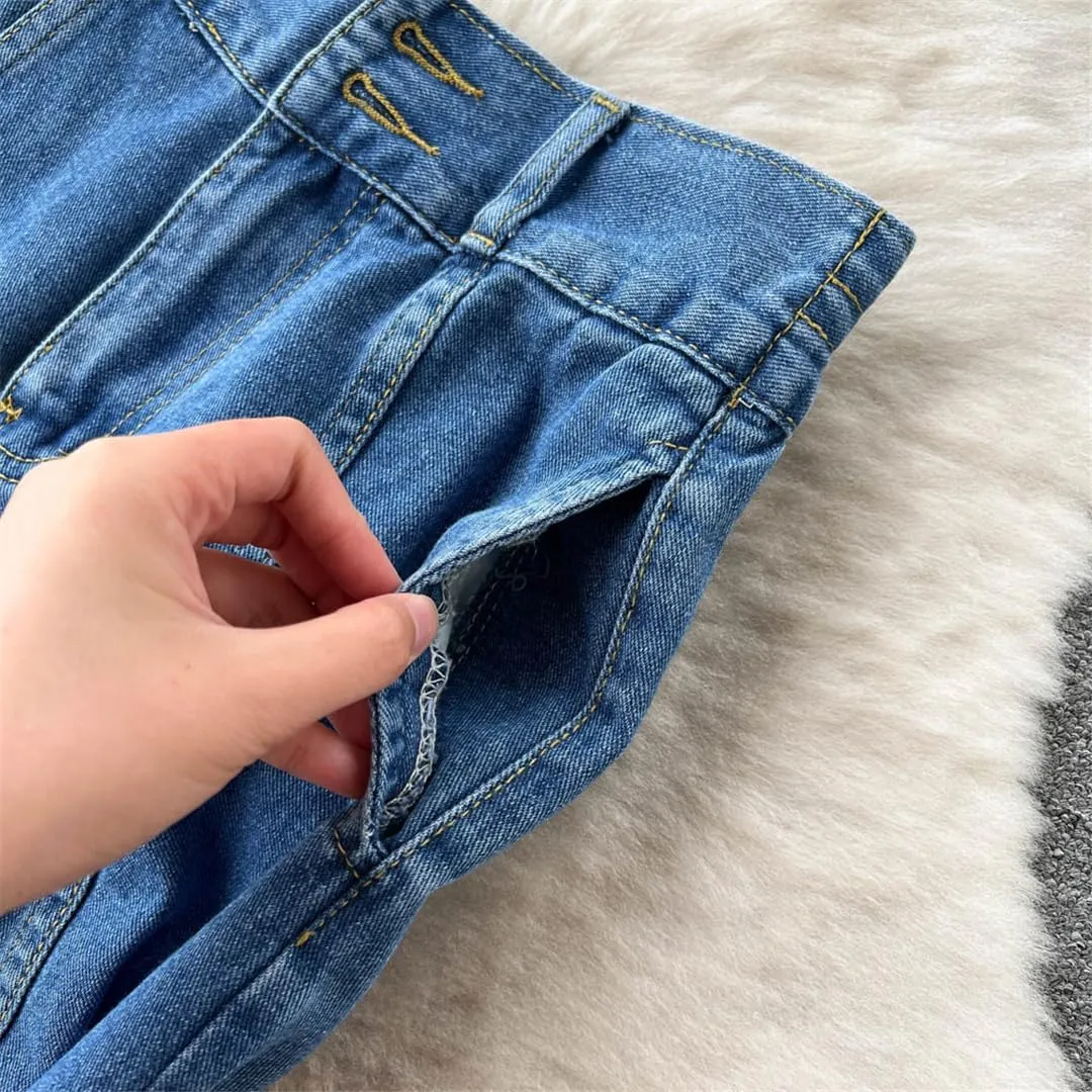 Women High Waist Blue Denim Skirts A Line Casual Elastic Waist Midi Pleated Button Jeans Skirt