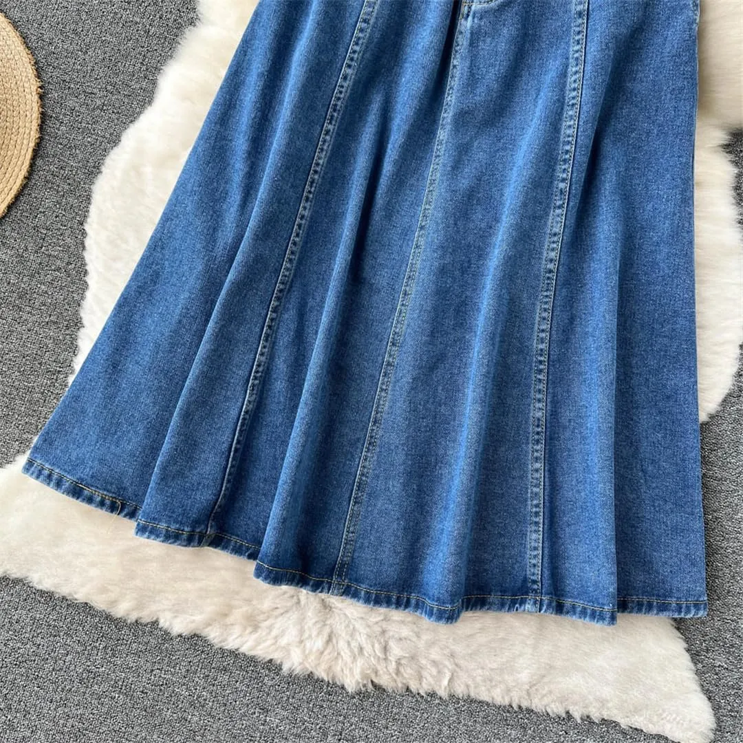 Women High Waist Blue Denim Skirts A Line Casual Elastic Waist Midi Pleated Button Jeans Skirt