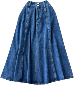 Women High Waist Blue Denim Skirts A Line Casual Elastic Waist Midi Pleated Button Jeans Skirt