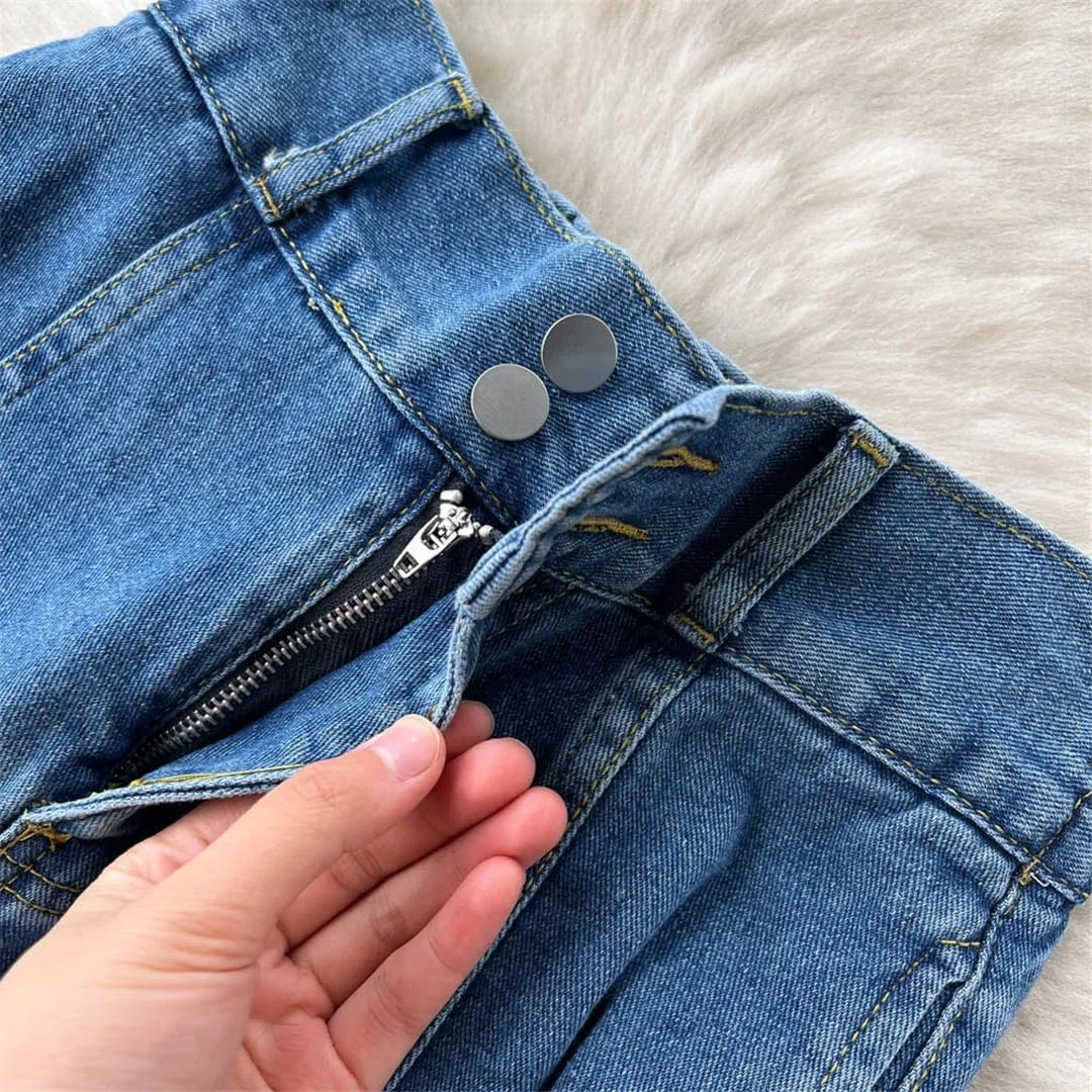 Women High Waist Blue Denim Skirts A Line Casual Elastic Waist Midi Pleated Button Jeans Skirt