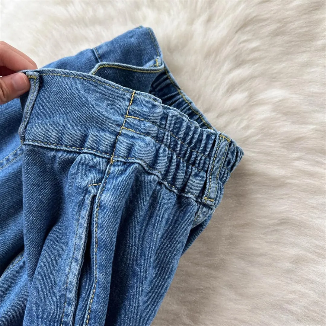 Women High Waist Blue Denim Skirts A Line Casual Elastic Waist Midi Pleated Button Jeans Skirt