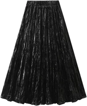 Women Pleated Veloul Long Skirts High Waist A-Line Skirt Female Vintage Midi Skirt
