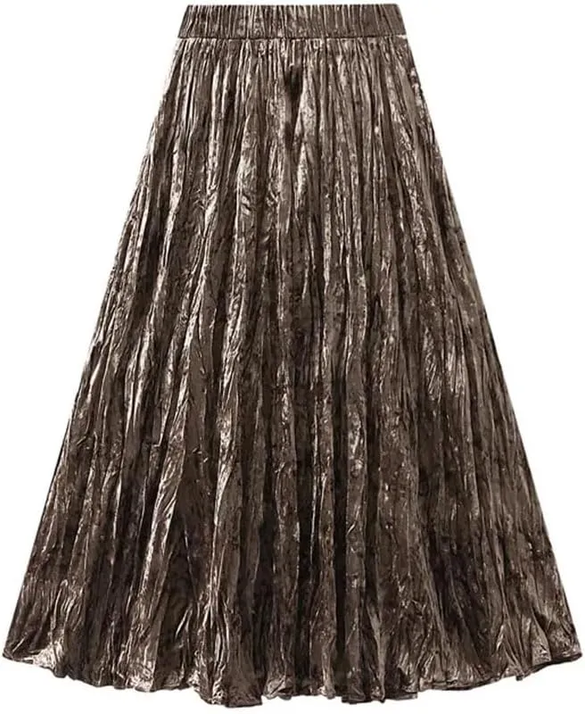Women Pleated Veloul Long Skirts High Waist A-Line Skirt Female Vintage Midi Skirt