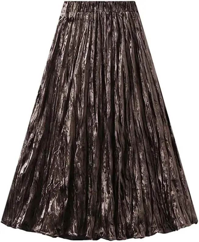 Women Pleated Veloul Long Skirts High Waist A-Line Skirt Female Vintage Midi Skirt