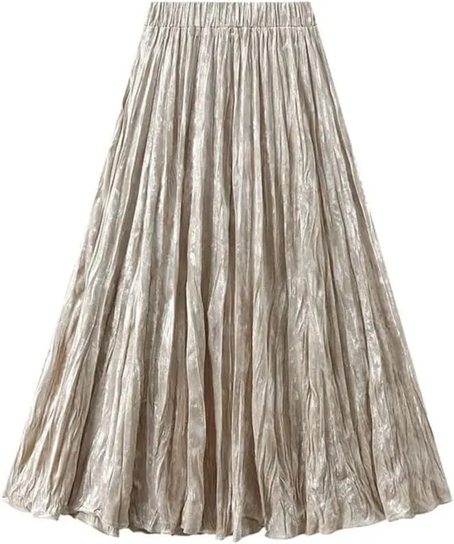 Women Pleated Veloul Long Skirts High Waist A-Line Skirt Female Vintage Midi Skirt