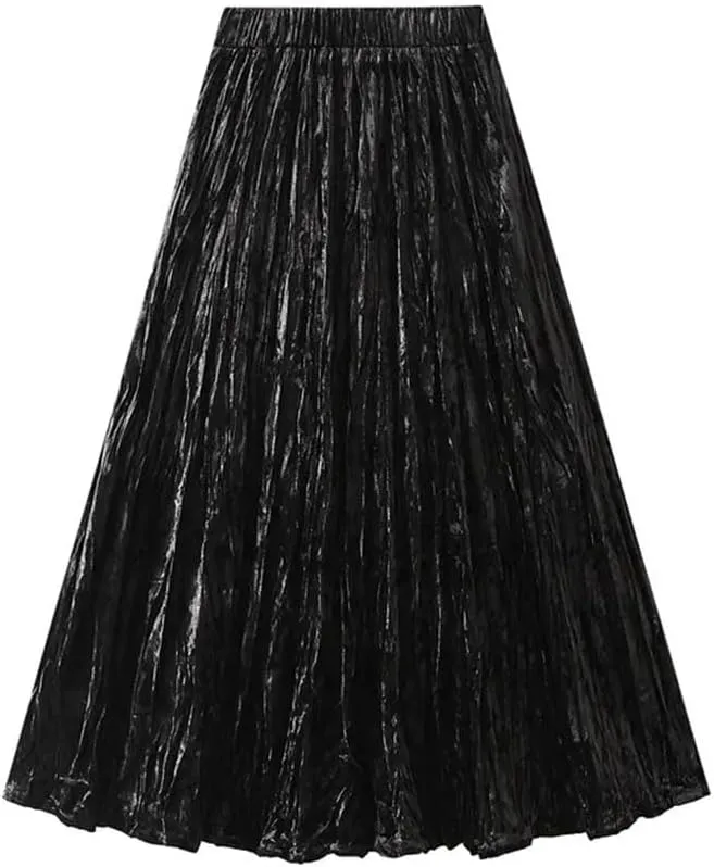 Women Pleated Veloul Long Skirts High Waist A-Line Skirt Female Vintage Midi Skirt