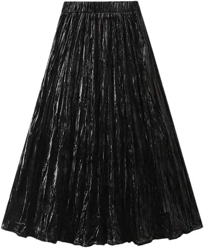 Women Pleated Veloul Long Skirts High Waist A-Line Skirt Female Vintage Midi Skirt