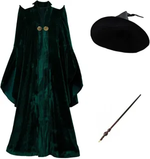 Women Professor Witch Cosplay Costume Halloween Wizard Cloak with Hat Wand Robe Coat