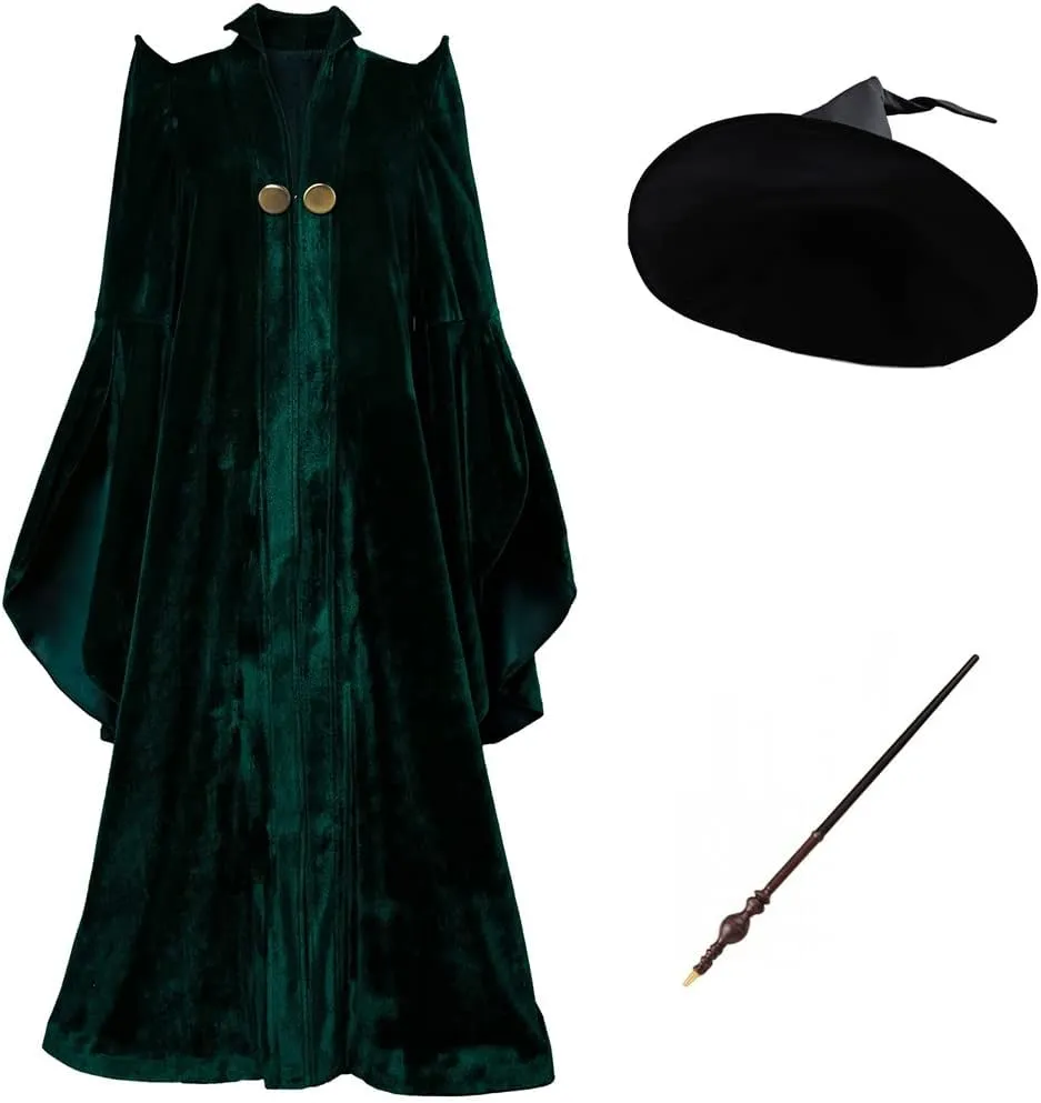 Women Professor Witch Cosplay Costume Halloween Wizard Cloak with Hat Wand Robe Coat