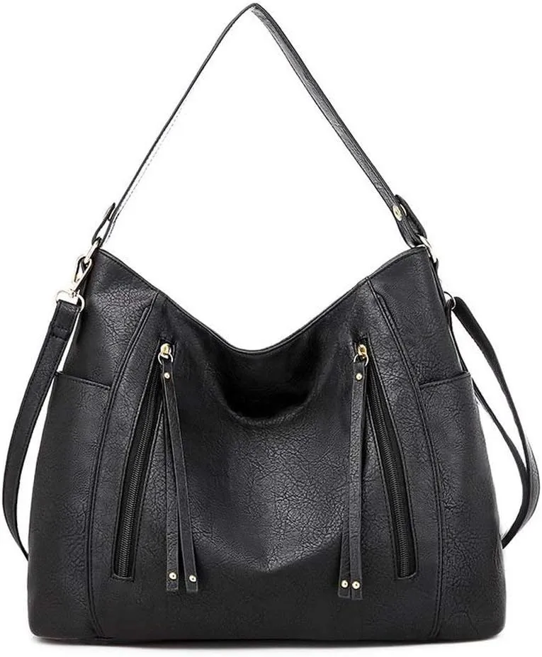 Women Tote Bag Handbags PU Leather Fashion Hobo Shoulder Bags with Adjustable Shoulder Strap (Black)