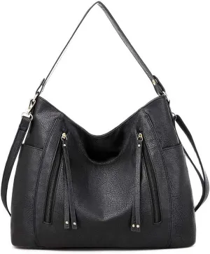 Women Tote Bag Handbags PU Leather Fashion Hobo Shoulder Bags with Adjustable Shoulder Strap (Black)