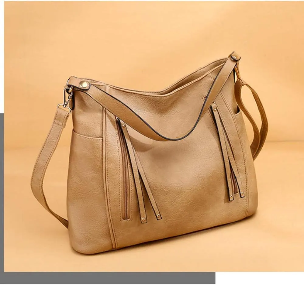 Women Tote Bag Handbags PU Leather Fashion Hobo Shoulder Bags with Adjustable Shoulder Strap (Khaki)