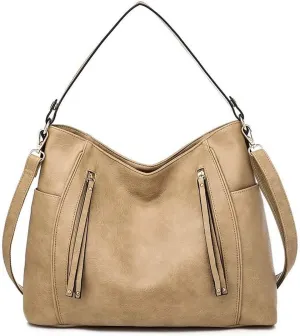 Women Tote Bag Handbags PU Leather Fashion Hobo Shoulder Bags with Adjustable Shoulder Strap (Khaki)