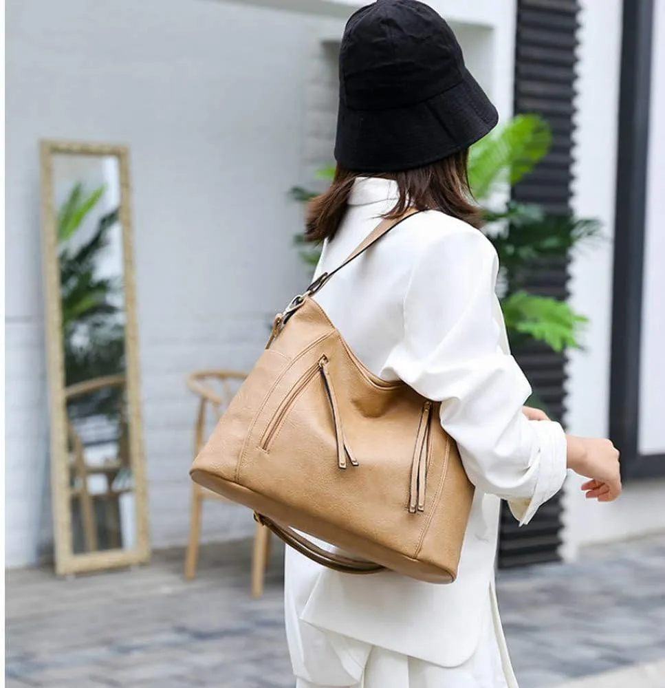 Women Tote Bag Handbags PU Leather Fashion Hobo Shoulder Bags with Adjustable Shoulder Strap (Khaki)