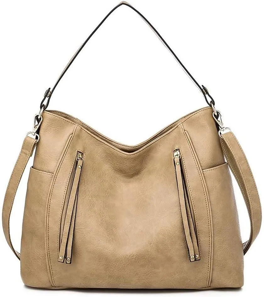 Women Tote Bag Handbags PU Leather Fashion Hobo Shoulder Bags with Adjustable Shoulder Strap (Khaki)