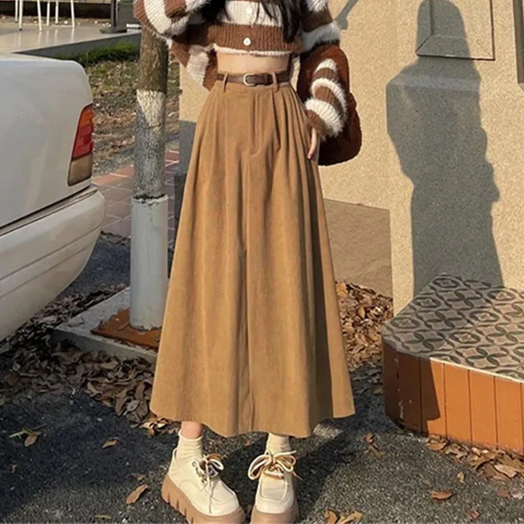 Women Vintage Belt Corduroy Midi Skirt High Waist Pleated A Line Skirts