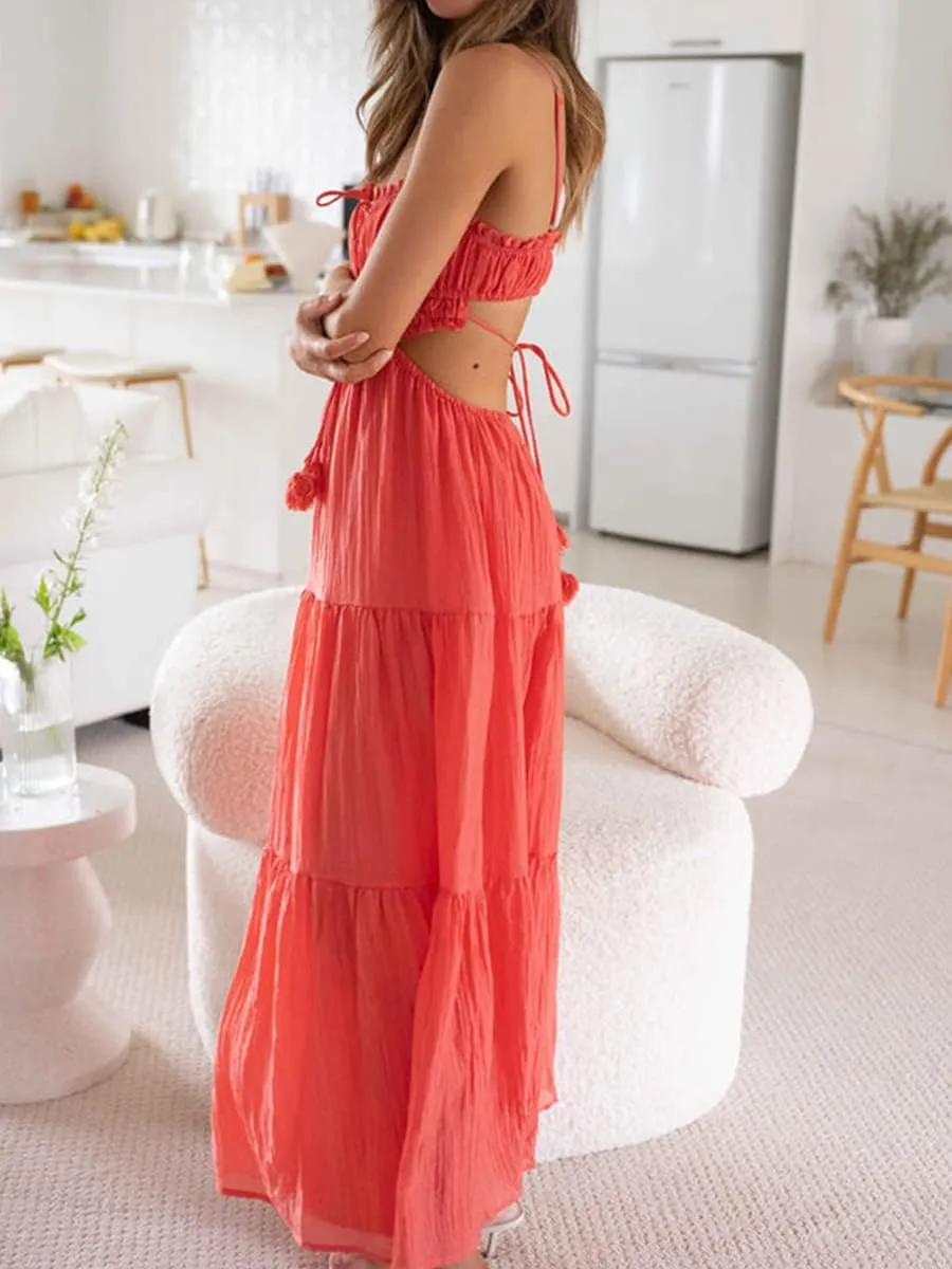 Women Y2k Bodycon Long Maxi Dress Spaghetti Strap Cutout Backless Clubwear