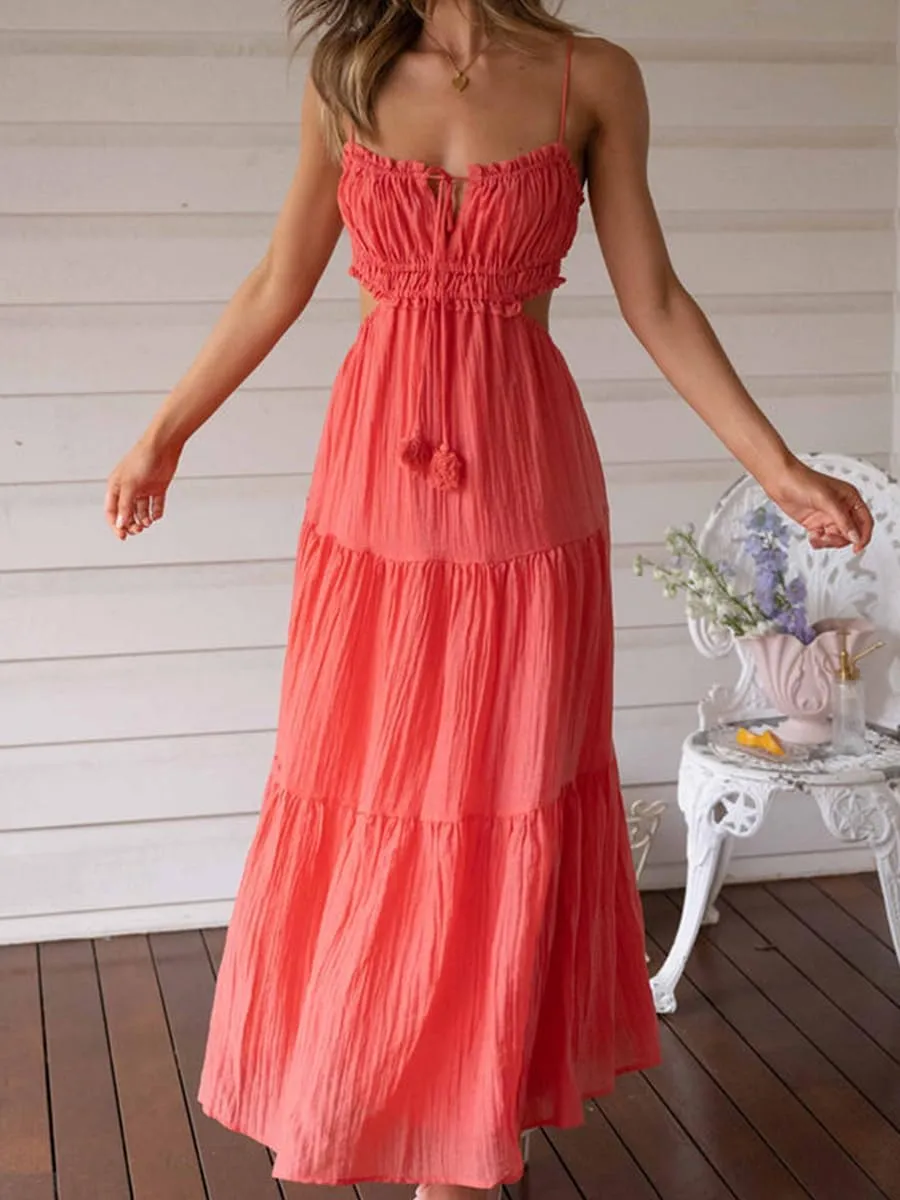 Women Y2k Bodycon Long Maxi Dress Spaghetti Strap Cutout Backless Clubwear