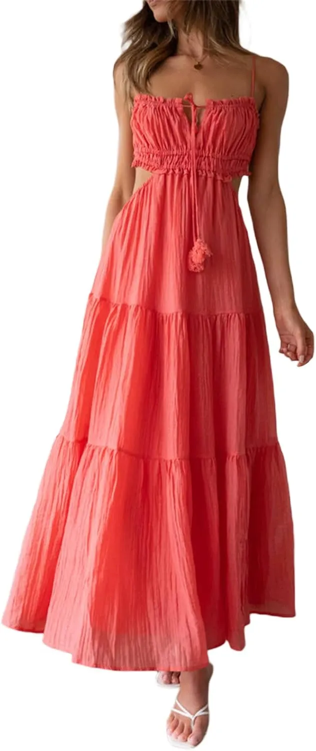 Women Y2k Bodycon Long Maxi Dress Spaghetti Strap Cutout Backless Clubwear