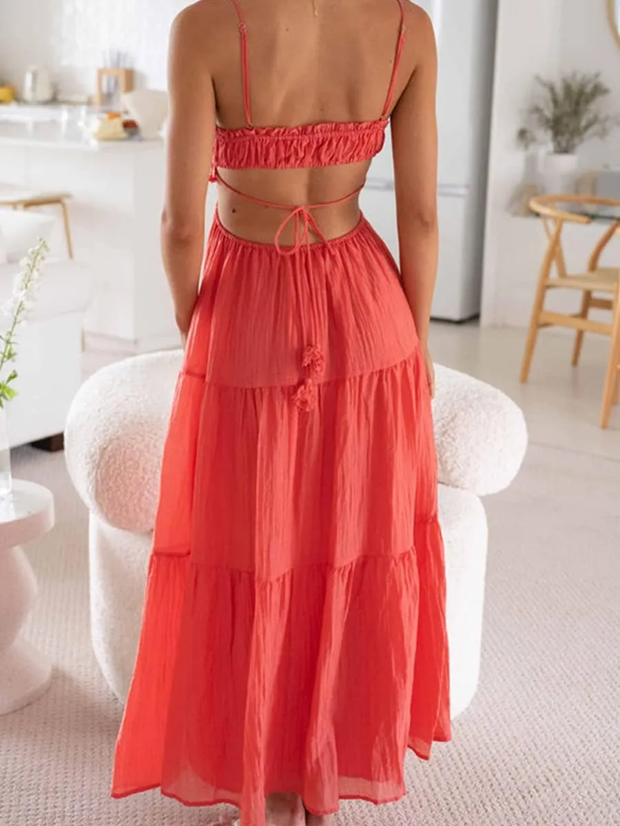 Women Y2k Bodycon Long Maxi Dress Spaghetti Strap Cutout Backless Clubwear