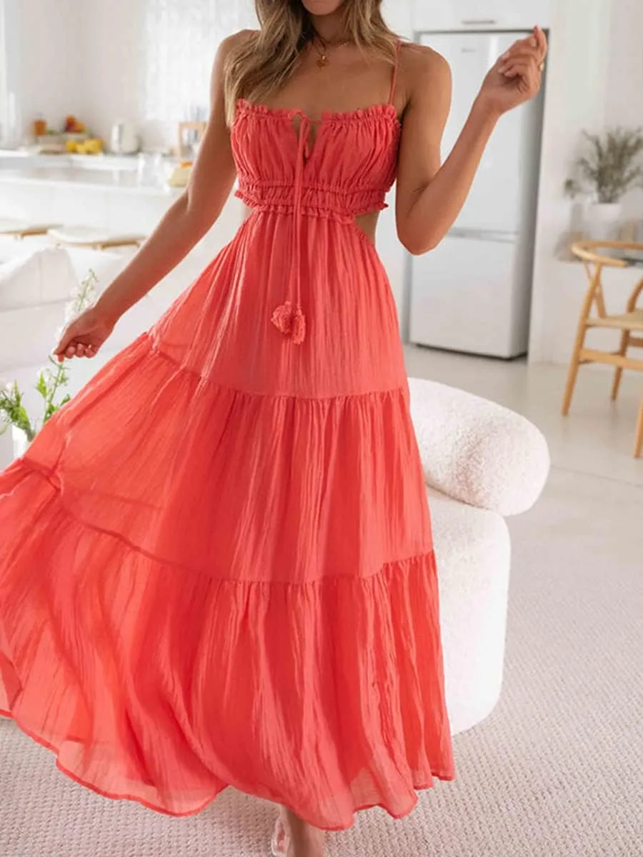Women Y2k Bodycon Long Maxi Dress Spaghetti Strap Cutout Backless Clubwear