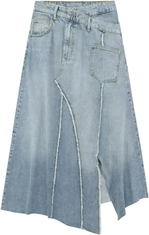 Womens A-Line Denim Skirt Y2K Irregular High Waisted Classic Skirts with Pocket