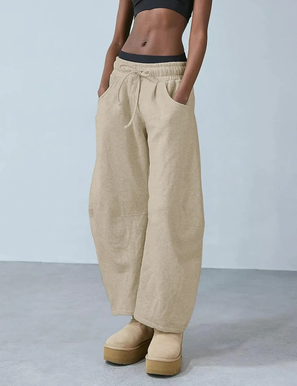 Womens Barrel Leg Sweatpant Mid Rise Elastic Waist Drawstring Casual Baggy Wide Leg Pants with Pockets