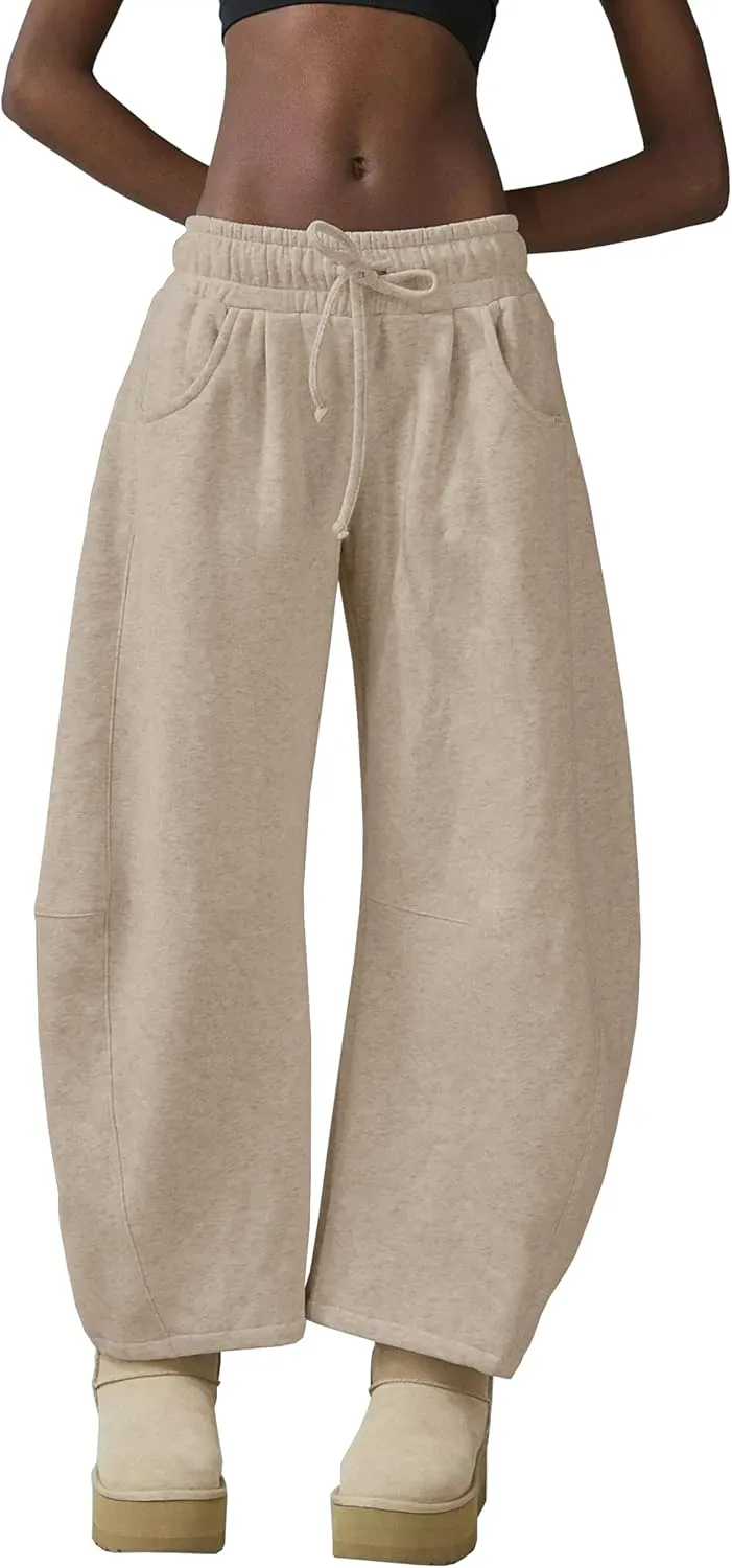 Womens Barrel Leg Sweatpant Mid Rise Elastic Waist Drawstring Casual Baggy Wide Leg Pants with Pockets